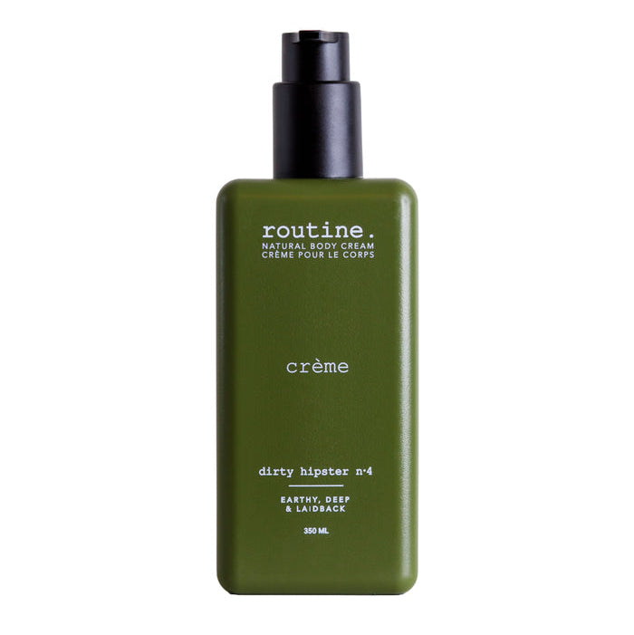 Green bottle of 'routine' crème on a white background